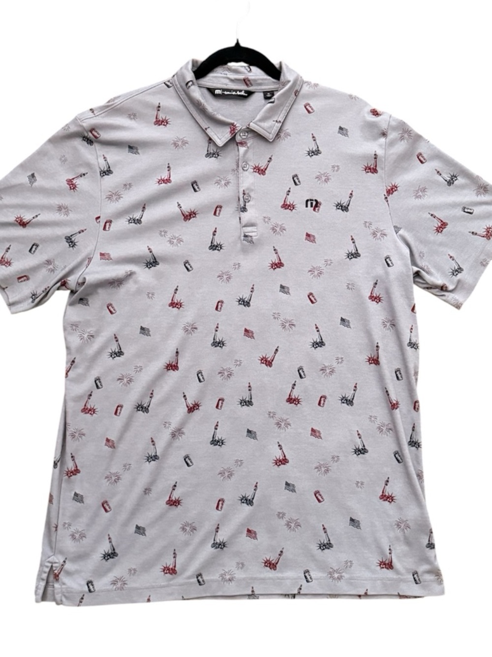 TravisMathew Polo Shirt XL Gray Patriotic Statue of Liberty Print Golf Casual